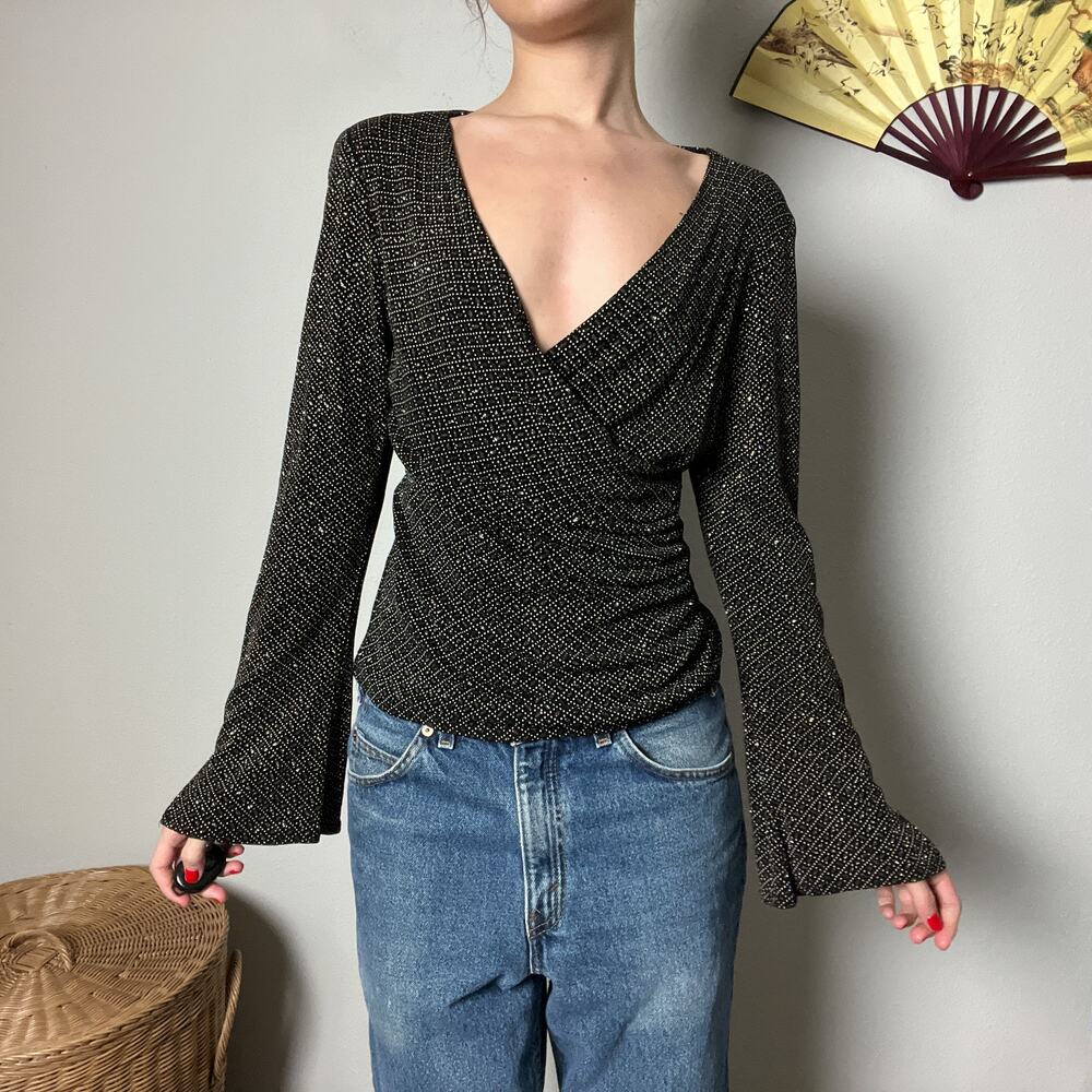 vintage black glittery sparkly faux wrap v neck plunge blouse top